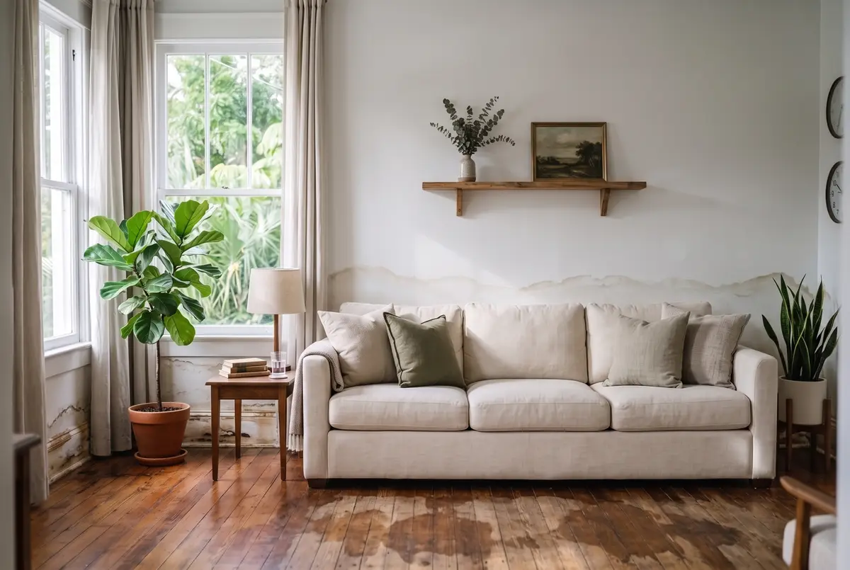 Living room with water-stained lower walls and wet flooring