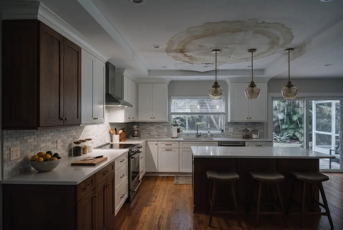 Kitchen with a water-damaged, sagging ceiling section