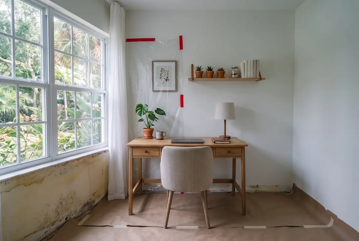Home office with baseboards removed and containment plastic on one wall