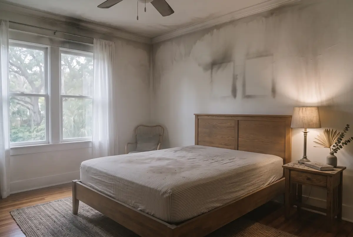 Bedroom wall with visible smoke staining near the ceiling