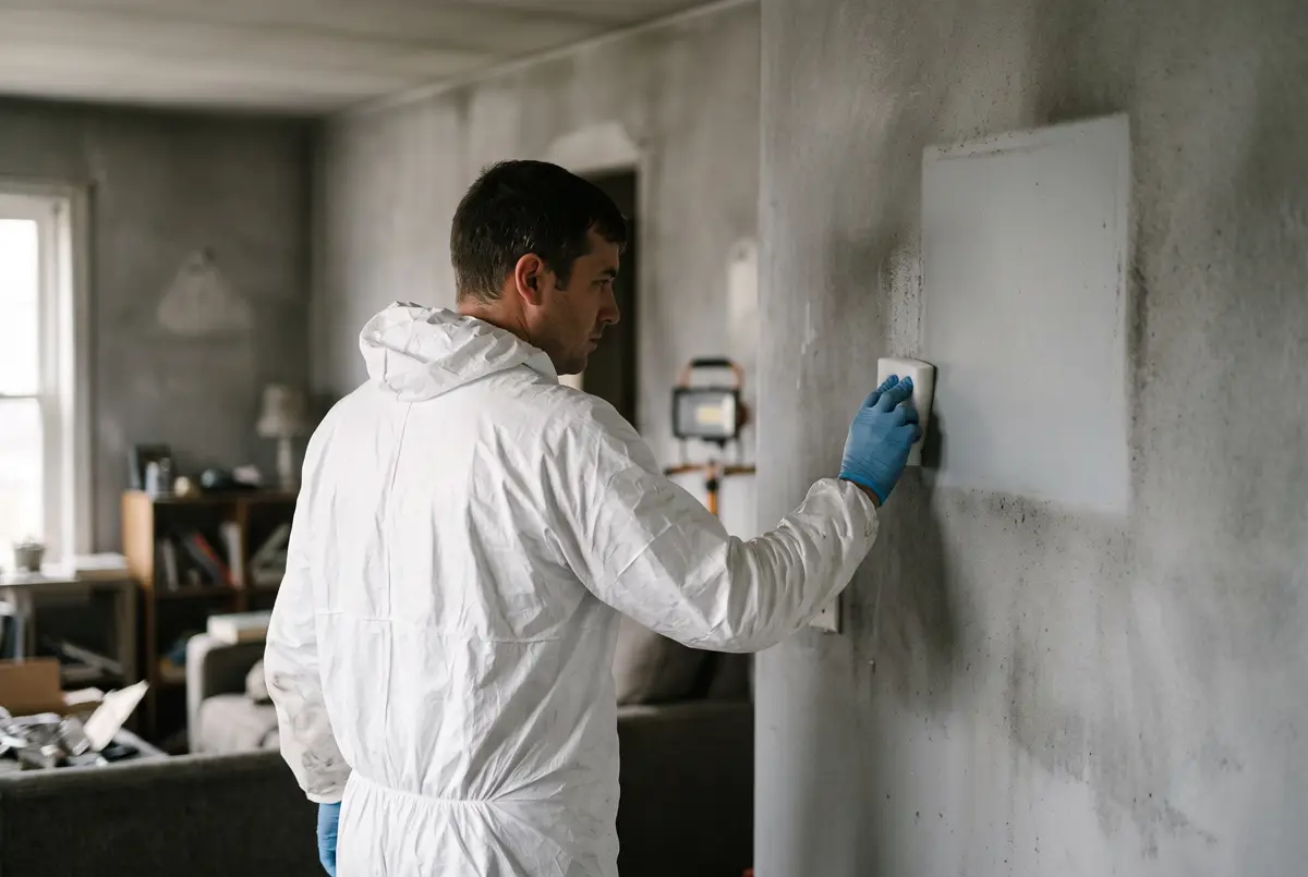 Technician in clean protective gear assessing a smoke-stained wall
