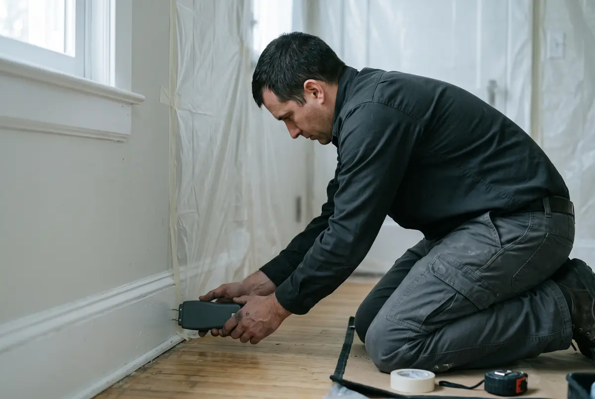 Technician with a moisture meter at a baseboard beside containment plastic