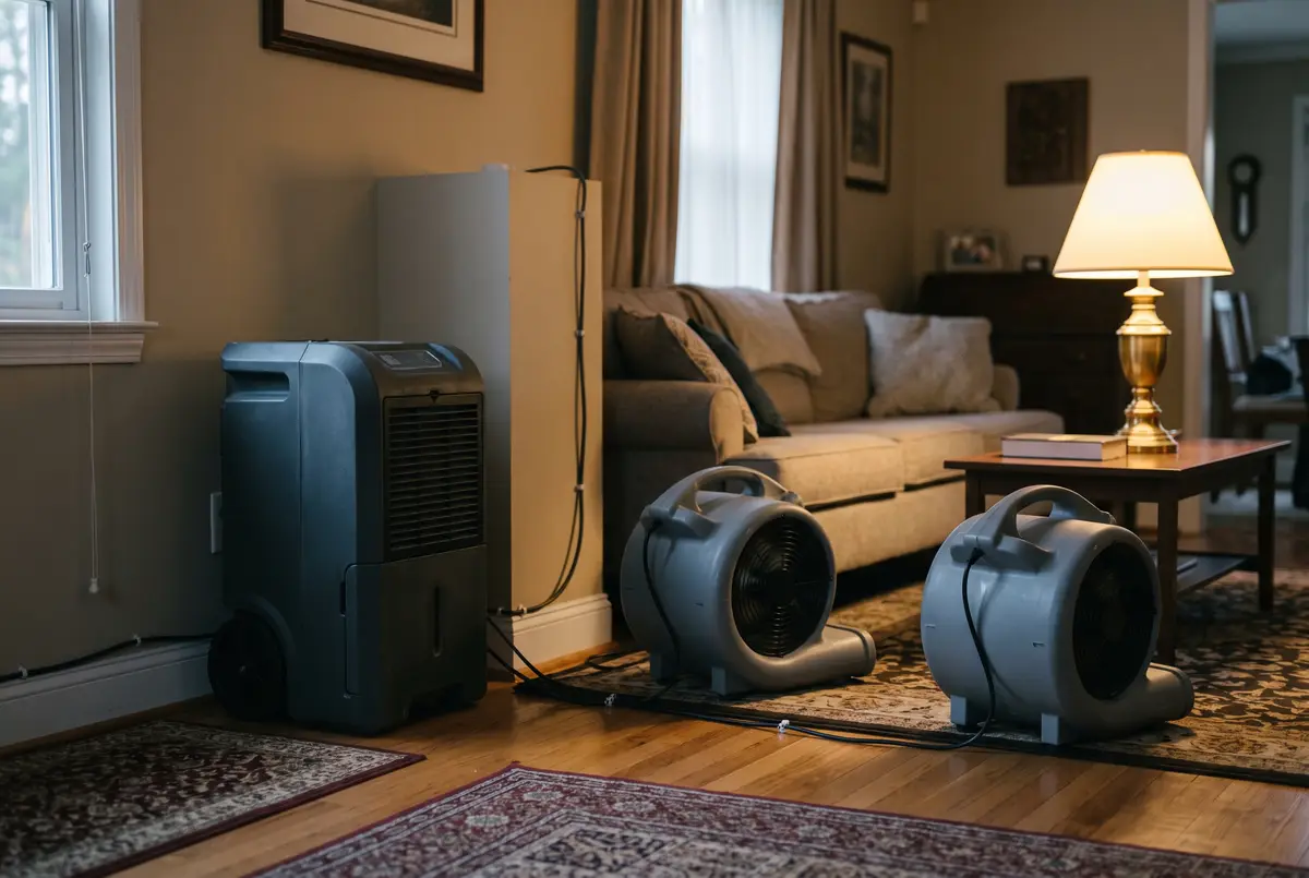 Air movers and a dehumidifier drying a dim living room under warm lamplight