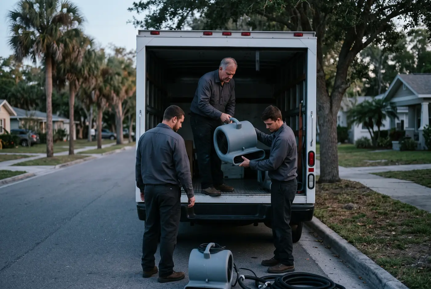 Steadfast crew at their van at dawn, reviewing the day's first job