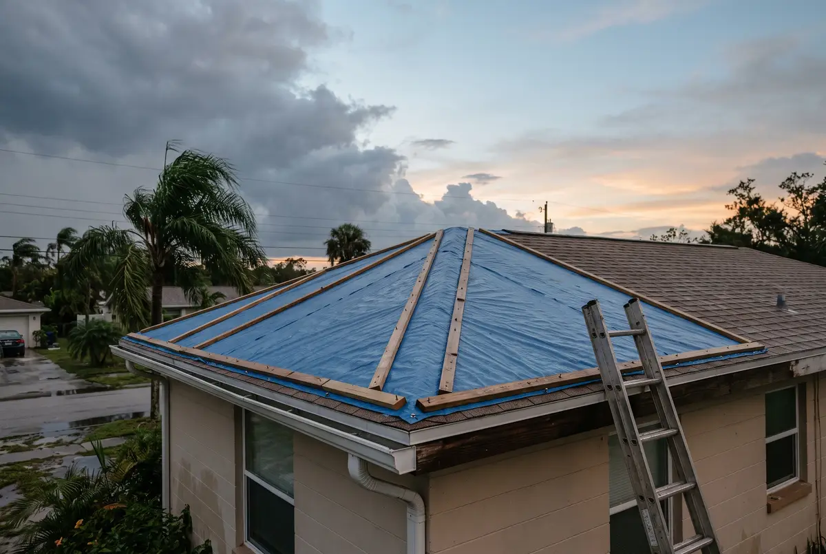 Tarped roof corner at dusk with a ladder against calm sky